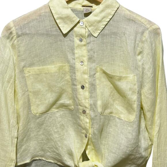 Magaschoni Women Linen Button Top Yellow S Tie Front Preppy Coastal Beach Travel - Picture 6 of 7